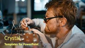  Presentation with electrical kilowatt hour electric meter - Presentation design with scientist prototyping electrical device in lab background and a tawny brown colored foreground