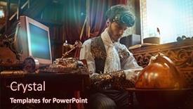  Presentation with inventor - Slide deck enhanced with scientist-steampunk-man-inventor-works background and a wine colored foreground