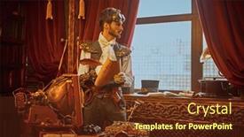  Presentation with inventor - Colorful slide set enhanced with scientist-steampunk-man-inventor-works backdrop and a tawny brown colored foreground