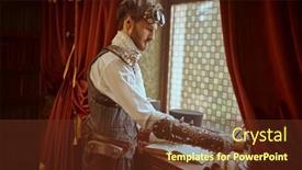 Presentation with inventor - Cool new PPT layouts with scientist-steampunk-man-inventor-works backdrop and a tawny brown colored foreground