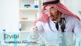  Presentation with animal testing scientist doing experiment - Amazing PPT theme having scientist testing quality of oil backdrop and a arctic colored foreground