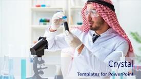  Presentation with animal testing scientist doing experiment - Slide set consisting of scientist testing quality of oil background and a sky blue colored foreground