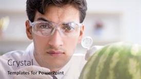  Presentation with testing - Beautiful PPT layouts featuring scientist-testing-watermelon-in-lab backdrop and a coral colored foreground