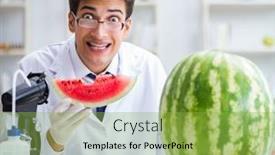  Presentation with testing - PPT theme featuring scientist-testing-watermelon-in-lab background and a yellow colored foreground