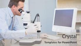  Presentation with electron microscope - Colorful PPT theme enhanced with scientist using computer and microscope backdrop and a light gray colored foreground
