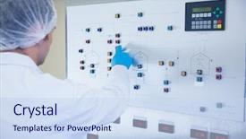  Presentation with factory machine - Presentation theme having scientist using the machine and pressing on buttons in the factory background and a sky blue colored foreground