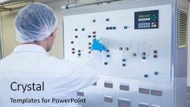  Presentation with factory machine - Theme consisting of scientist using the machine and pressing on buttons in the factory background and a light blue colored foreground