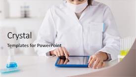  Presentation with chemistry tablet - Cool new PPT layouts with scientist with tablet pc computer backdrop and a white colored foreground