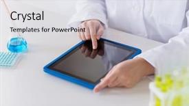  Presentation with chemistry tablet - Slide deck enhanced with scientist with tablet pc computer background and a light gray colored foreground