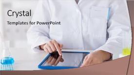  Presentation with chemistry tablet - Amazing PPT theme having scientist with tablet pc computer backdrop and a sky blue colored foreground