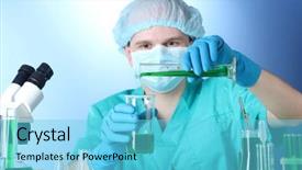  Presentation with chemistry glow - PPT theme consisting of scientist working in chemistry laboratory background and a light blue colored foreground