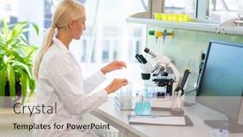  Presentation with medical science equipment research laboratory - Colorful slides enhanced with scientist-working-in-lab-female backdrop and a soft green colored foreground
