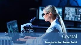  Presentation with medical science equipment research laboratory - Presentation theme having scientist-working-in-lab-female background and a ocean colored foreground