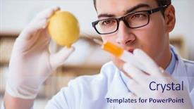  Presentation with dna - Colorful PPT theme enhanced with dna diet - scientist working on organic fruits backdrop and a sky blue colored foreground