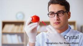  Presentation with dna - Presentation theme consisting of dna diet - scientist working on organic fruits background and a light blue colored foreground