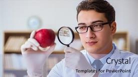  Presentation with dna - Theme consisting of dna diet - scientist working on organic fruits background and a light blue colored foreground