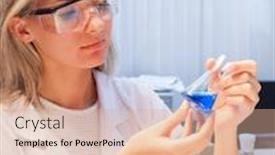  Presentation with lab test - Presentation design enhanced with scientist wth test tube science lab background and a coral colored foreground