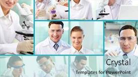  Presentation with photo collage for company behind the scen - Colorful theme enhanced with scientists composed in a collage backdrop and a sky blue colored foreground
