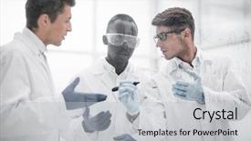  Presentation with chemical - Amazing slide set having virology - group of scientists discussing chemical backdrop and a light gray colored foreground