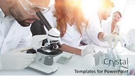  Presentation with lab test - Beautiful presentation theme featuring scientists-examining-in-the-lab backdrop and a light gray colored foreground
