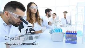  Presentation with lab test - Cool new slides with scientists-examining-in-the-lab backdrop and a light blue colored foreground
