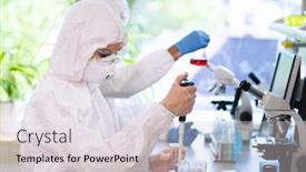  Presentation with laboratory equipment - Audience pleasing PPT layouts consisting of scientists-in-protection-suits backdrop and a light gray colored foreground