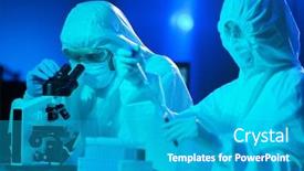  Presentation with lab test - Amazing PPT theme having scientists-in-protection-suits backdrop and a teal colored foreground
