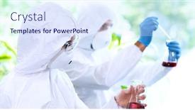  Presentation with laboratory equipment - Cool new slide set with scientists-in-protection-suits backdrop and a sky blue colored foreground