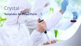  Presentation with laboratory equipment - Presentation design having scientists-in-protection-suits background and a sky blue colored foreground