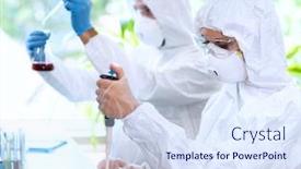  Presentation with laboratory equipment - Audience pleasing slides consisting of scientists-in-protection-suits backdrop and a sky blue colored foreground