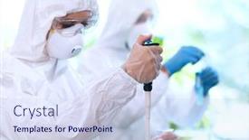  Presentation with laboratory equipment - Presentation theme with scientists-in-protection-suits background and a sky blue colored foreground