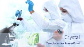  Presentation with laboratory equipment - Presentation consisting of scientists-in-protection-suits background and a sky blue colored foreground