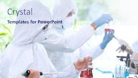  Presentation with lab test - Presentation theme consisting of scientists-in-protection-suits background and a sky blue colored foreground