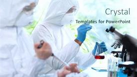  Presentation with laboratory equipment - Colorful PPT theme enhanced with scientists-in-protection-suits backdrop and a cool aqua colored foreground