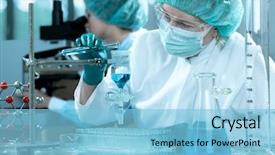  Presentation with laboratory - PPT theme consisting of scientists in the laboratory background and a light blue colored foreground