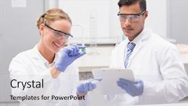  Presentation with petri dish - Presentation with scientists looking at petri dish and taking notes in laboratory background and a light gray colored foreground