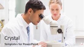  Presentation with petri dish - Cool new PPT layouts with scientists observing petri dish with microscope in laboratory backdrop and a sky blue colored foreground