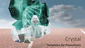  Presentation with abstract - Cool new PPT theme with scientists on abstract screen against track with sky in background backdrop and a coral colored foreground