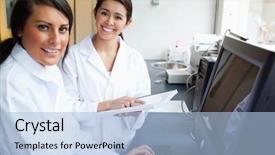  Presentation with laboratory - PPT theme having scientists posing with a monitor background and a light blue colored foreground