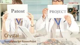  Presentation with patent - Presentation theme enhanced with scientists sitting at the table and holding placard with the words patent and project in front of their faces background and a lemonade colored foreground