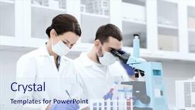  Presentation with lab on chip - Slide deck with scientists with clipboard and microscope background and a sky blue colored foreground