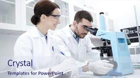  Presentation with microscope - Audience pleasing slide deck consisting of scientists with clipboard and microscope in lab backdrop and a sky blue colored foreground