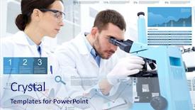  Presentation with clinical chemistry - Audience pleasing PPT theme consisting of science chemistry technology and people concept - young scientists with microscope making test or research in clinical laboratory and taking notes with charts backdrop and a sky blue colored foreground
