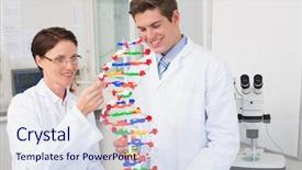  Presentation with dna - Audience pleasing presentation design consisting of scientists working attentively with dna backdrop and a sky blue colored foreground