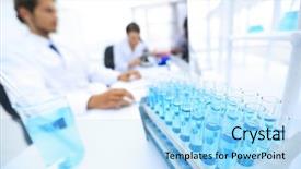  Presentation with healthy workplace full length side view - Amazing PPT theme having scientists working in laboratory backdrop and a light blue colored foreground