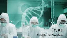  Presentation with futuristic - PPT theme featuring scientists working in protective suite background and a light blue colored foreground