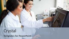  Presentation with laboratory - PPT theme enhanced with scientists working with a monitor background and a  colored foreground