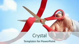  Presentation with ribbon cutting - Amazing slide deck having scissors at opening ceremony backdrop and a sky blue colored foreground