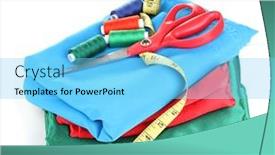  Presentation with thread - Presentation design having scissors bright thread and measuring tape on fabric isolated on white background and a light blue colored foreground
