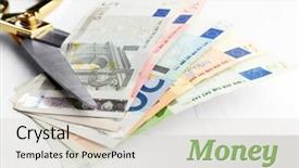  Presentation with euro - PPT layouts having scissors cuts different euro banknote on table background and a lemonade colored foreground